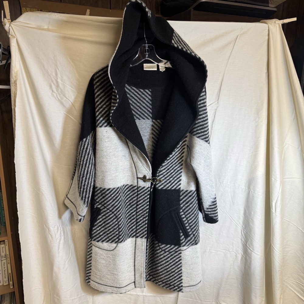 Kenar Women's Size LARGE Long Coat Wool Blend Hooded Oversized Check Pockets